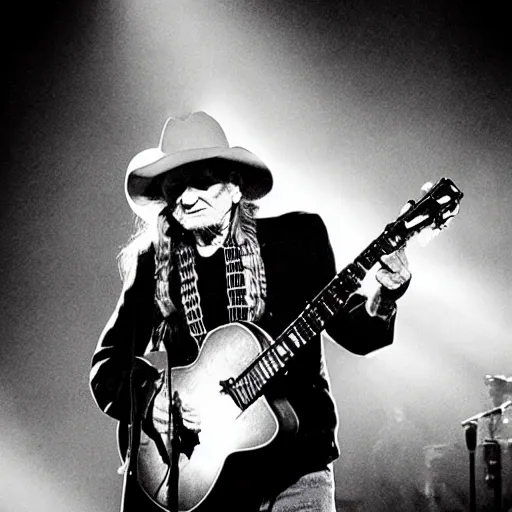 Image similar to willie nelson on stage, detailed, guitar. god rays through fog.