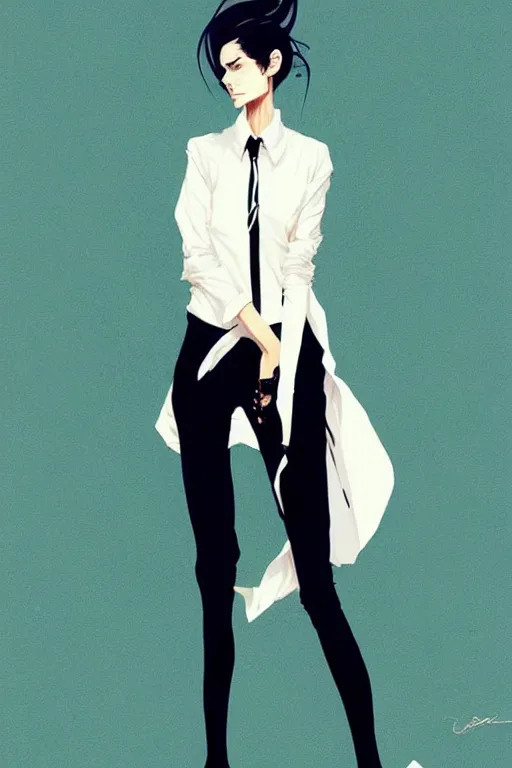 Image similar to a ultradetailed beautiful panting of a stylish woman, she is wearing a white shirt with a tie and black pants, by conrad roset, greg rutkowski and makoto shinkai trending on artstation