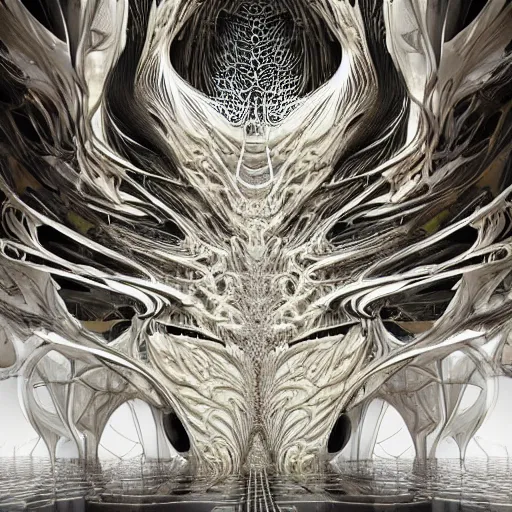 Prompt: epic biopunk interior by zaha hadid, iris van herpen and rick owens. highly detailed, hyper - real, very beautiful, intricate fractal details, very complex, opulent, epic, mysterious, polished, futuristic design, trending on deviantart and artstation