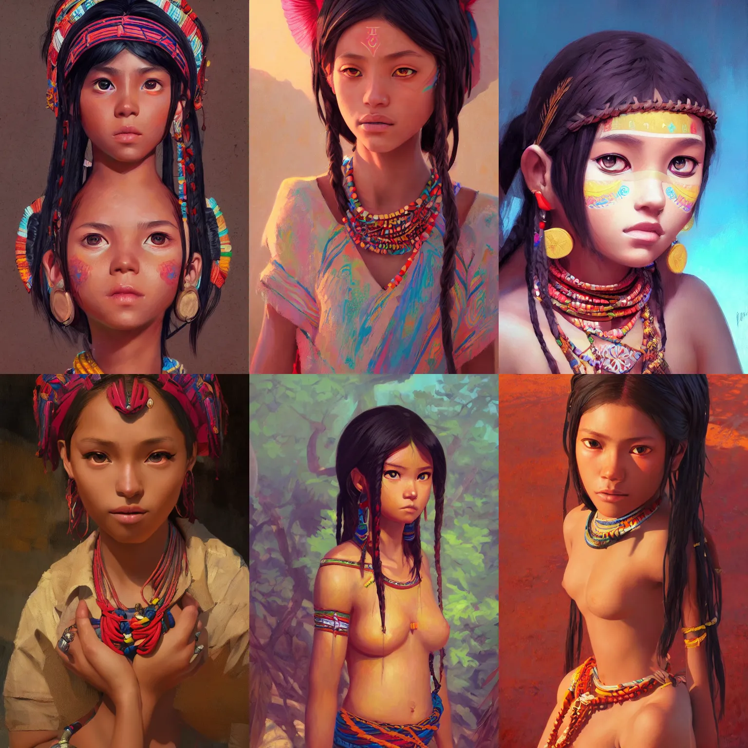 Prompt: a portrait of tribal girl, Mesoamerican setting, vivid colors, soft lighting, atmospheric, cinematic, moody, in the style of Ilya Kuvshinov and Range Murata, Krenz Cushart, oil on canvas, 8k