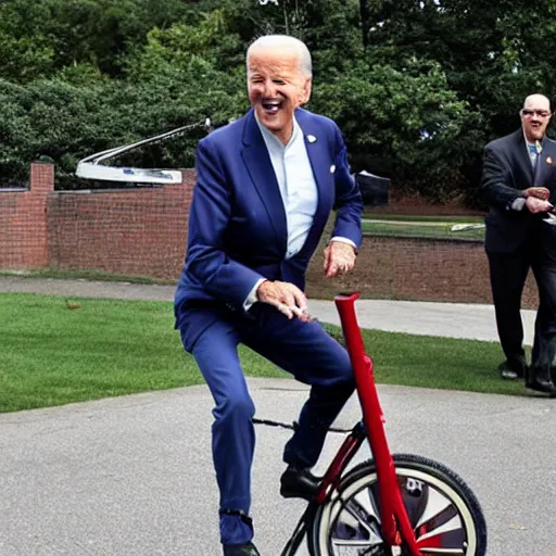 Image similar to a photograph of joe biden riding a unicycle