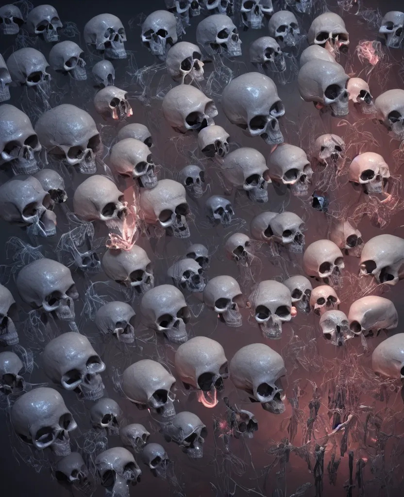 Image similar to composition of human skulls, animals skulls, bones, rib-cage and orchids, bioluminiscent, by Tooth Wu and wlop and beeple. octane render, trending on artstation, greg rutkowski very coherent symmetrical artwork. cinematic, hyper realism, high detail, octane render, 8k