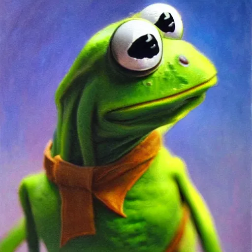 Image similar to ultra realistic portrait painting of kermit the frog, art by frank frazetta, 4 k, ultra realistic, highly detailed, epic lighting