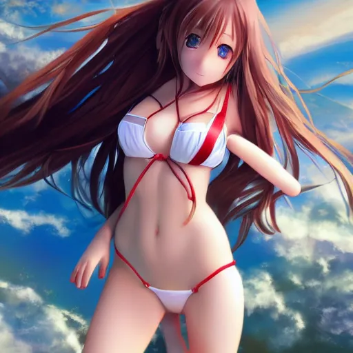 Image similar to seen from above : a giant macro very beautiful young yuuki asuna, full body, long wavy hair, sky blue eyes, full round face, bikini, miniskirt, laying on a miniature crowd, cinematic wallpaper by stanley artgerm lau