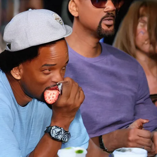 Image similar to will smith relaxed watching the world apocalypse while eating a strawberry ice cream