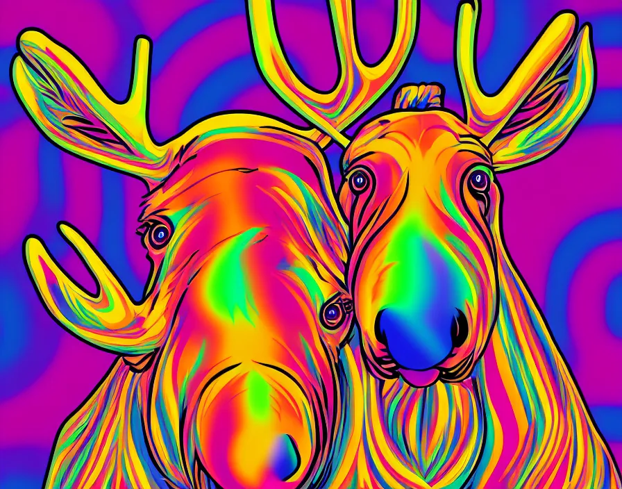 Prompt: moose in 6 0 s kitsch and psychedelia, digital painting, trending on artstation, sharp focus, 4 k