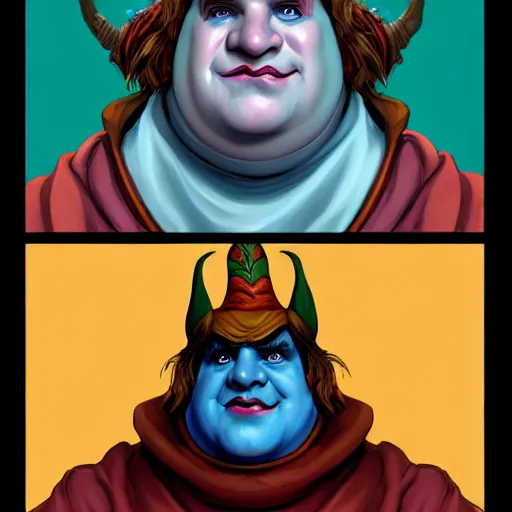 Image similar to a fantasy comic - style full portrait of a jester who looks like chris farley, digital illustration by ken taylor and sana takeda and jenny frison, character design, concept art, fine inking lines, vivid colors, dnd, highly detailed!, hd, 4 k, trending on artstation