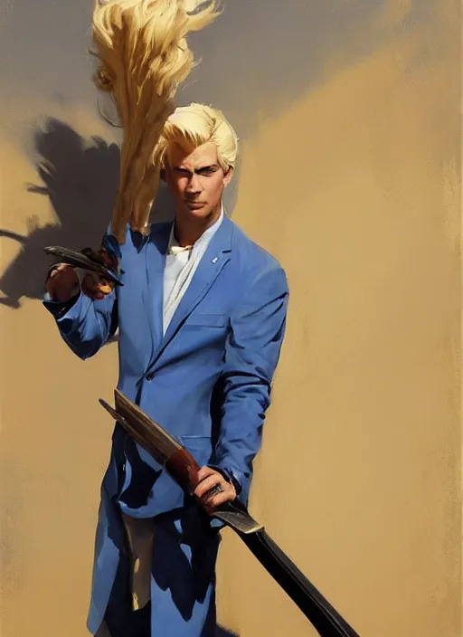Image similar to greg manchess painting of a blond man in a blue suit with a sword and a pistol, asymmetrical, profile picture, organic painting, sunny day, matte painting, bold shapes, hard edges, street art, trending on artstation, by huang guangjian, gil elvgren, ruan jia, randy vargas, greg rutkowski