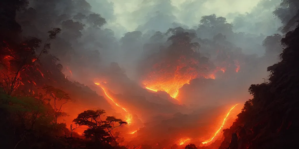 Prompt: A river of lava flowing through the lush amazon jungle, anato finnstark, greg rutkowski, john howe, Asher Brown Durand, artstation, dramatic