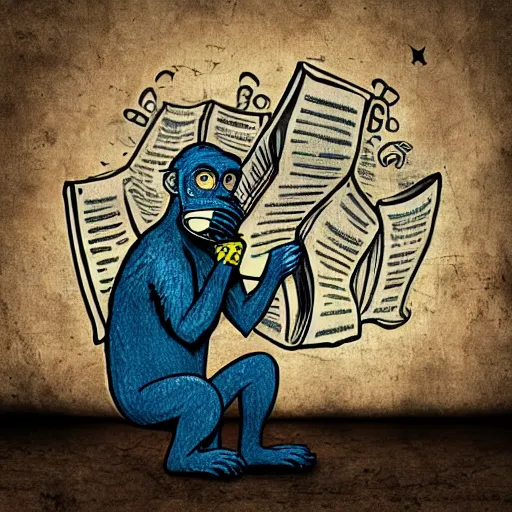 Image similar to a single Monkey reading a book, wearing a gas mask, graffiti, edge to edge, solid color background intricate, highly detailed, smooth, sharp focus, detailed face and body, high contrast