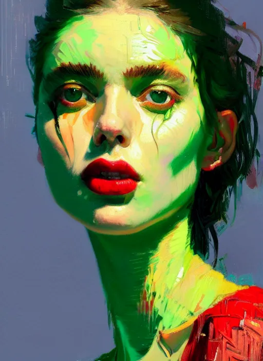 Prompt: close up portrait of yael shelbia, sensual, ecstatic, shades green and red, beautiful face, rule of thirds, intricate outfit, spotlight, by greg rutkowski, by jeremy mann, by francoise nielly, by van gogh, digital painting