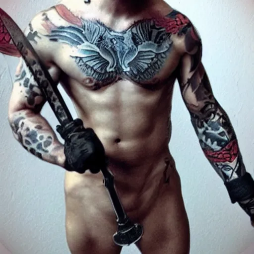 Image similar to muscular bald man, sword in hands, tattooed body, HD, anime,