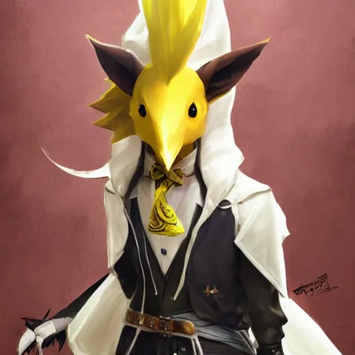 Image similar to final fantasy xiv elf wearing a tuxedo wearing also a racing chocobo mask by Stanley Artgerm Lau, greg rutkowski, thomas kindkade, alphonse mucha, loish, norman Rockwel