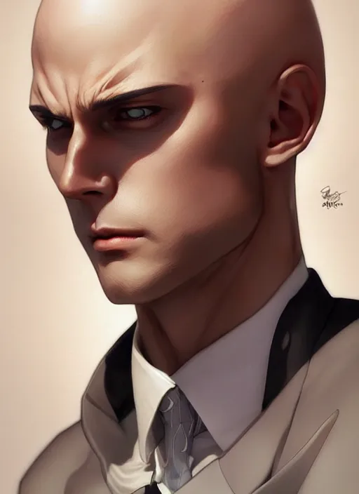 Image similar to ultra realistic illustration, handsome saitama. intricate, elegant, black suit, highly detailed, digital painting, artstation, concept art, smooth, sharp focus, illustration, art by artgerm and greg rutkowski and alphonse mucha and wlop