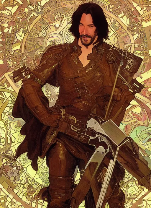 Image similar to keanu reeves in the slumps aiming crossbow brown skin golden hair brown leather armor high fantasy dnd smooth sharp focus illustration by rossdraws, alphonse mucha frank fanzzeta