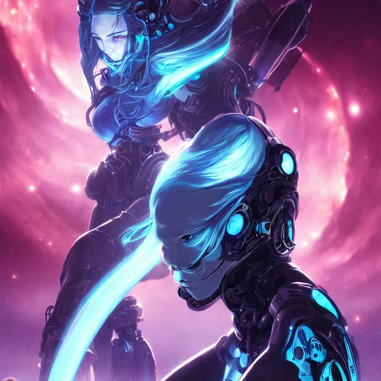 Image similar to beautiful cinematic fantasy poster, a beautiful cyberpunk cyborg female with brilliant silver flowing hair, beautiful blue glowing galaxy eyes fighting a tall black metallic mech with glowing red eyes, wideshot ultrawide angle epic scale, hybrid from The Elden Ring and art direction by Darius Zawadzki ;by artgerm; wayne reynolds art station; cinematic quality character render; low angle; ultra high quality model; production quality cinema model;