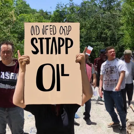 Image similar to of an environmentalist holding up a plastic sign saying stop using oil now photorealistic