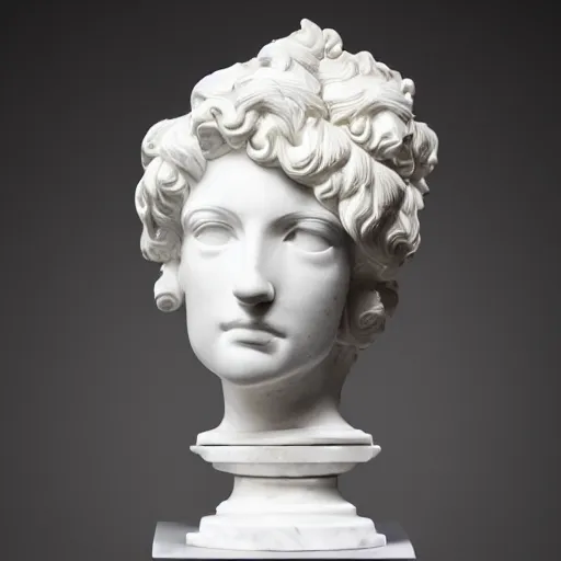 Prompt: a complex and baroque bust of jazzybitrouvier in white marble full of intrincate and ornamental details, dramatic lighting, 4k, black background, 90mm, sharp focus.