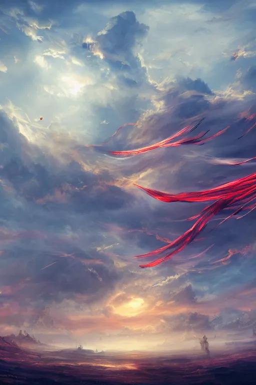 Image similar to breathtaking digital painting of swords flying in golden clouds, numerous blades in dynamic movement, strokes of mist and scarlet ribbons, german romanticism style, volumetric lighting, concept art, matte, sharp focus, art by celestialfang, matchach, juanmao, dustin panzino, trending on artstation