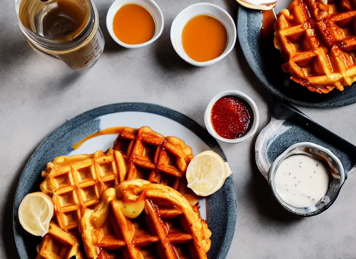 Image similar to dslr food photograph of chicken and waffles drizzled with maple syrup and hot sauce with a side of cole slaw, 8 5 mm f 1. 8