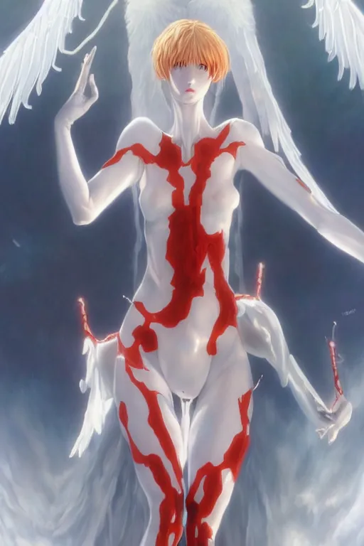 Prompt: poster for the end of Evangelion Ayanami Rei, glowing white skin, angelic Lilith, fantasy, intricate, elegant, dramatic lighting, emotionally evoking symbolic metaphor, highly detailed, lifelike, photorealistic, digital painting, artstation, concept art, smooth, sharp focus, illustration, art by John Collier and Albert Aublet and Krenz Cushart and Artem Demura and Alphonse Mucha