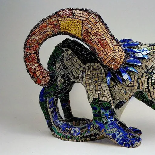 Image similar to mosaic sculpture of a chimera!!!, irregularly shaped mosaic tiles, hand glazed pottery shards, in the style of folk art, in a cottagecore flower garden