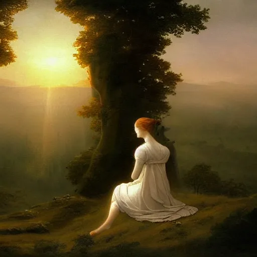 Prompt: a beautiful painting of a woman in a white cotton dress pondering life as she watches the sun set, nature, deviantart, fantasy art, sunrays shine upon it, deviantart, mystical, art style by claude joseph vernet and caspar david friedrich
