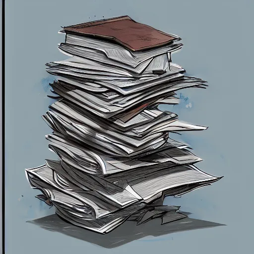 Prompt: stack of paperwork, overflowing papers, paper everywhere, concept art, colored sketch, artstation award, detailed