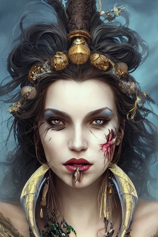Prompt: a seductive beautiful witch, with a perfect face!!! wind blowing hair and floating, bust portrait, tribal mask and jewelry, dnd, face, fantasy, intricate, elegant, highly detailed, digital painting, artstation, concept art, smooth, sharp focus, illustration, art by artgerm and greg rutkowski and alphonse mucha