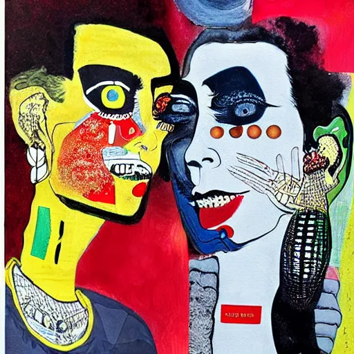 Image similar to beautiful painting of two bizarre psychedelic women kissing each other closeup in tokyo, speculative evolution, mixed media collage by basquiat and junji ito, magazine collage art, paper collage art, sapphic art, lesbian art