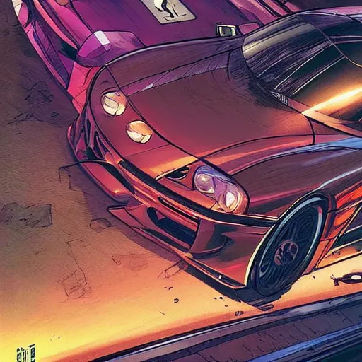 Prompt: a beautiful comic book artwork of a supra on a highway at night, by Jerome Opeña, featured on artstation