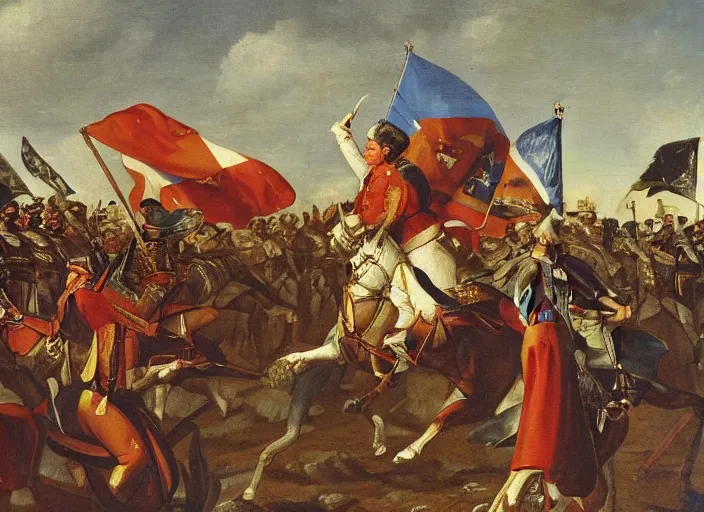 Image similar to a high detail oil painting equestrian image of judge baltasar garzon leading spain and the troops to victory over the moors, raising the spanish flag with his right hand and a sword in his left