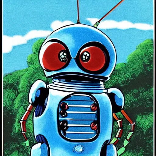 Image similar to Cute robot beetle, blue, cartoon by Studio Ghibli