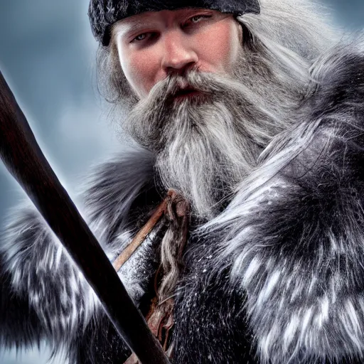 Image similar to a dnd barbarian half frost giant with pale skin and short black beard and hair wearing a fur coat, shoulder armor and holding an axe, high resolution film still, 4k, HDR color