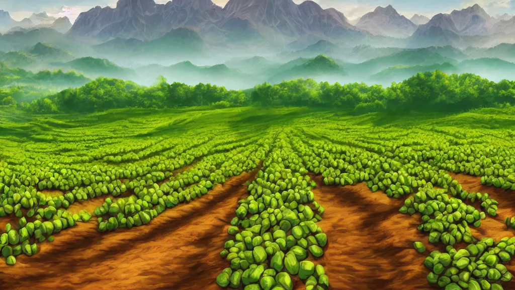 Prompt: rows of lush soybean crops, mountains in the background, detailed digital 2d fantasy art