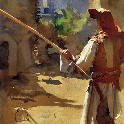 Image similar to man in medieval clothes aiming a bow by craig mullins, greg manchess, bernie fuchs, walter everett, lost edges