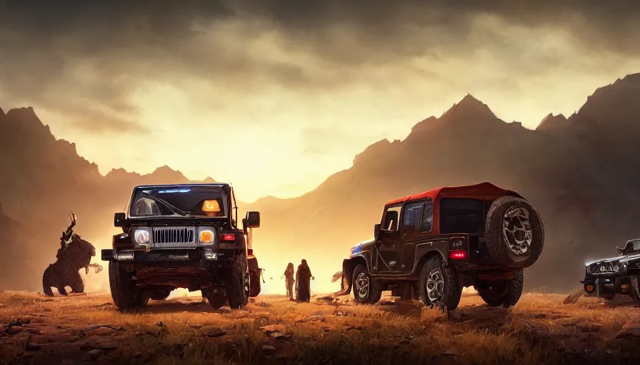 Prompt: Mahindra thar, tribe members watching nearby, an epic fantasy, dramatic lighting, cinematic, establishing shot, extremely high detail, photorealistic, cinematic lighting, cgsociety, by simon stalenhag, horizon forbidden west