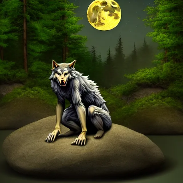 Image similar to A werewolf sitting on a rock, woodland creek, realistic, yellowish full moon