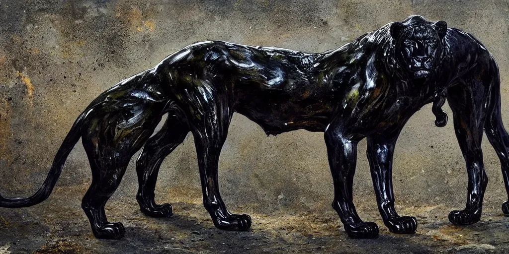 Image similar to the black lioness made of ferrofluid, walking in the suburban neighborhood, dripping tar. painting, environment art, realistic, detailed