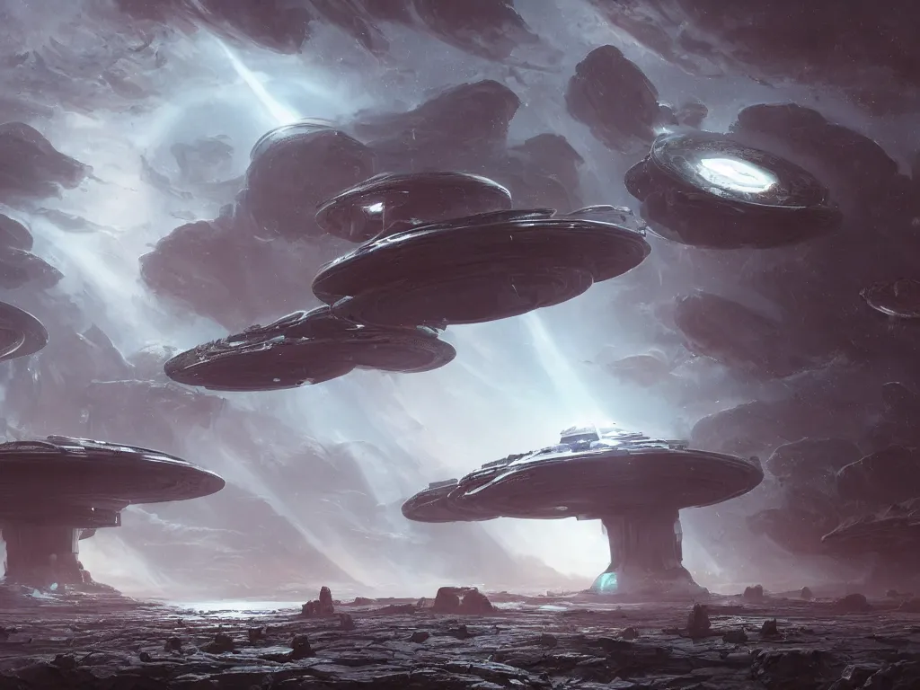 Image similar to deep space alien spacecraft landing on an alien planet surface, highly detailed, intricate, by Raphael Lacoste, Eddie Mendoza, Alex Ross, background of neon outer space nebulas by Pilar Gogar, concept art, matte painting, 8K HDR