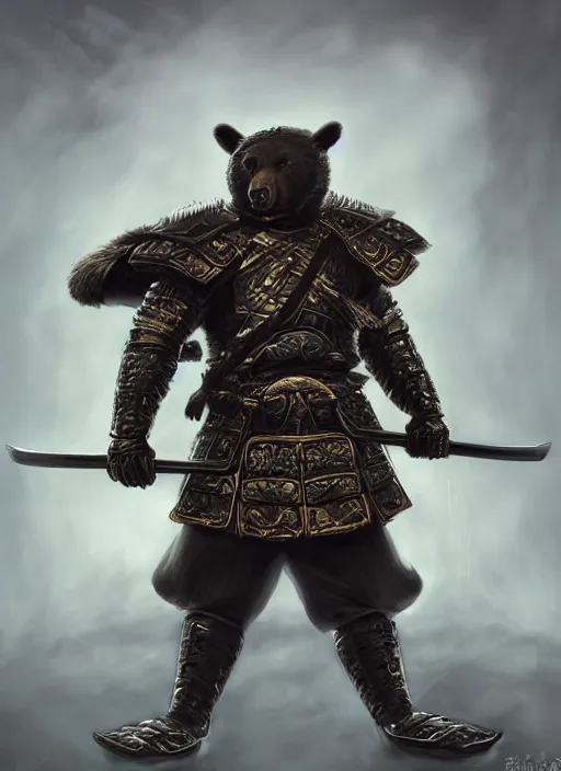 Image similar to samurai in full armor anthropomorphized Asian black bear, epic pose, Ivan Aivakovsky, Boris Vallejo, epic fantasy character art, D&D Concept Art, full length, Realistic, Regal, Refined, Detailed Digital Art, Oil Paining, Exquisite detail, post-processing, masterpiece, Cinematic Lighting, Unreal Engine, 8k, HD