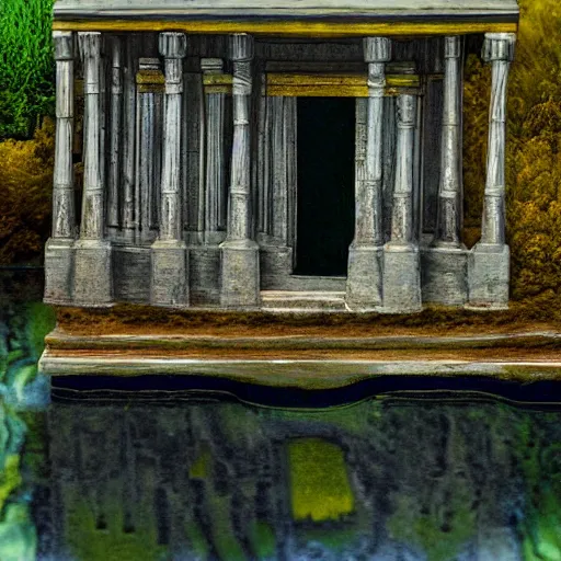 Image similar to uncanny otherworldly lake settee portico, by camille - pierre pambu bodo and h. p. lovecraft, tilt shift, detailed painting