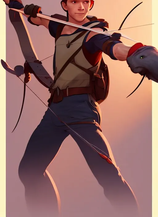 Image similar to cute archer tom holland, natural lighting, path traced, highly detailed, high quality, digital painting, by don bluth and ross tran and studio ghibli and alphonse mucha, artgerm