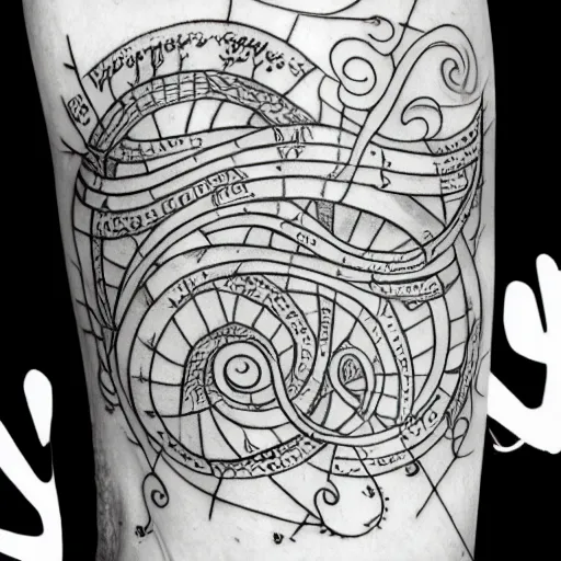 Image similar to Voynich manuscript complete tattoo drawing. detailed