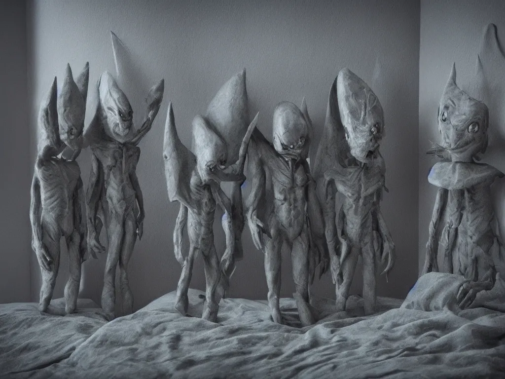 Prompt: three sinister grey aliens standing around my bed at night, moonlit bedroom, vivid and detailed, photorealistic