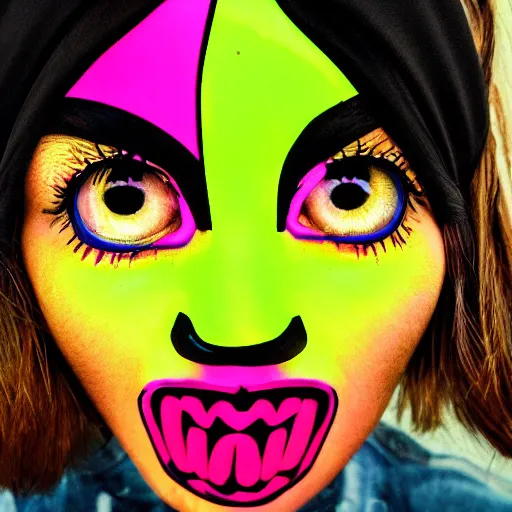 Prompt: beautiful Girl with a bandana, big mouth, big eyes, short black hair, in a neon style, close up