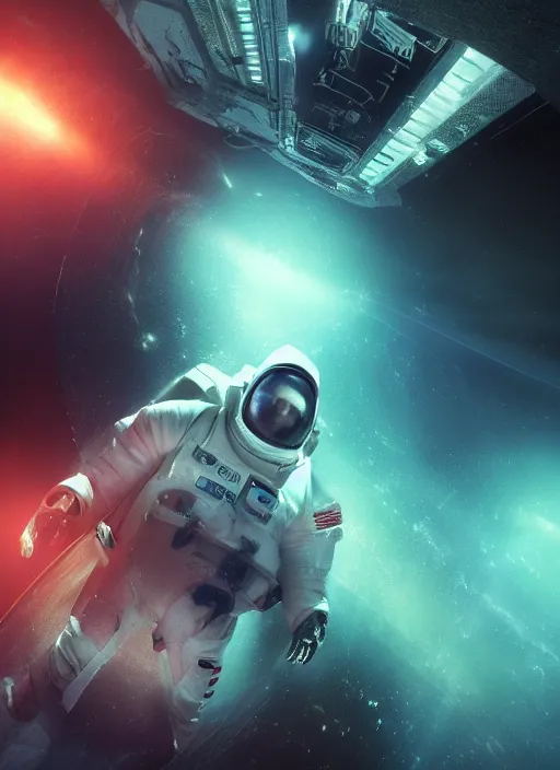 Prompt: cgi poster art by craig mullins astronaut in futuristic dark and empty spaceship underwater. infrared glowing lights. complex and hyperdetailed technical suit. reflection and dispersion materials. rays and dispersion of light. volumetric light. 5 0 mm, f / 3 2. noise film photo. flash photography. octane render. interstellar movie poster