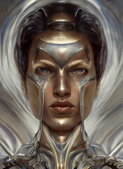 Image similar to symmetry! closeup portrait of a beautiful biblical diabolical agile girl, in reflective porcelain cyborg armor, in clouds, cinematic studio light! windy, sunrise, by gerald brom, by mikhail vrubel, by peter elson, high contrast, muted colors, extreme detail, trending on artstation, 8 k