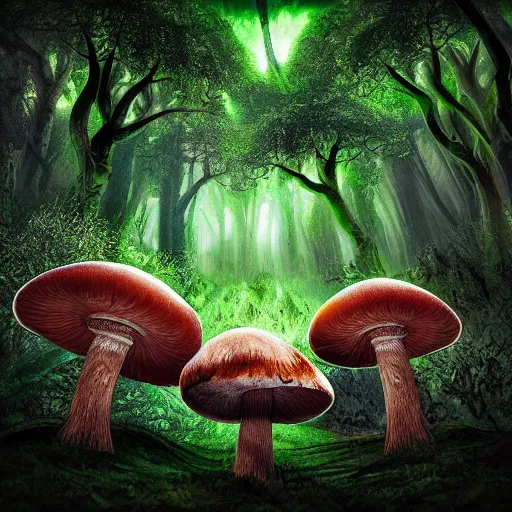 Prompt: mushroom forest, realistic, detailed, epic angle, bloody river, ambient green light,