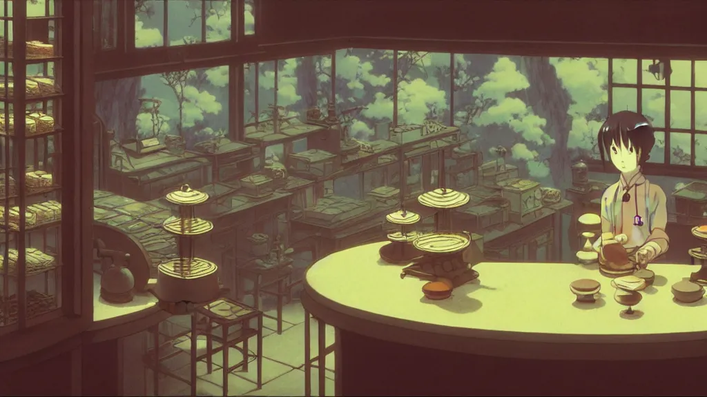 Image similar to an automata working at a tea shop, anime film still from Studio Ghibli movie with art direction by Zdzisław Beksiński, wide lens